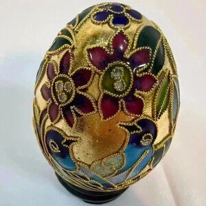 Golden Treasures Cloisonne Egg Hand Crafted Copper Floral Birds Stand Box